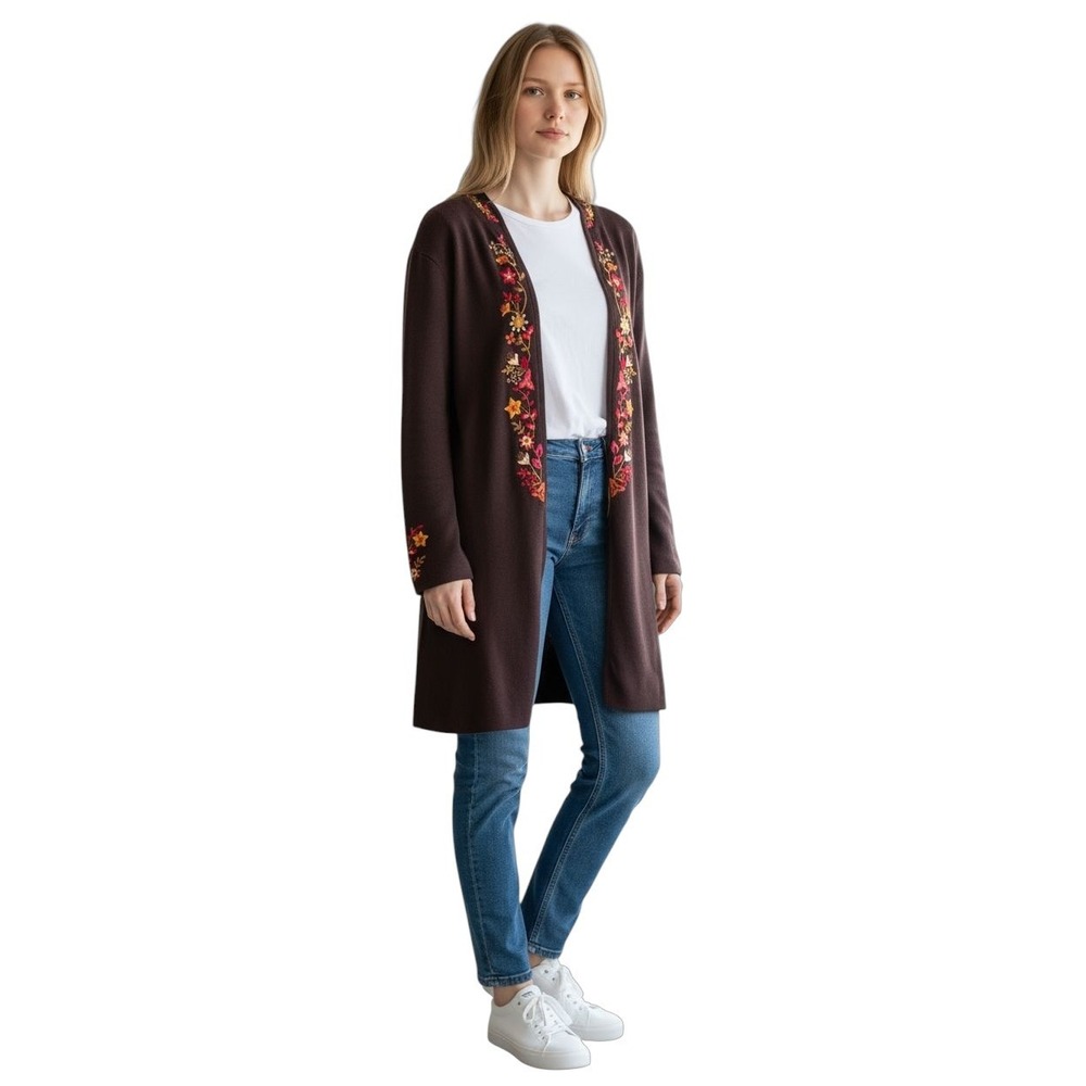 Worthington Women's Medium Cardigan Duster Embroidered Floral Knit Brown